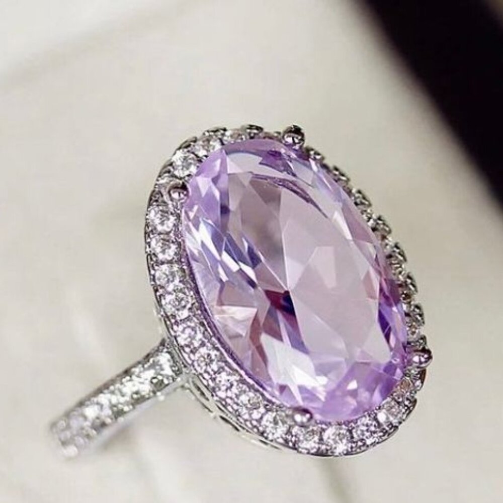 🌸925 Silver Plated Shining 4 Claws Oval Shaped CZ Ring, MARR9375